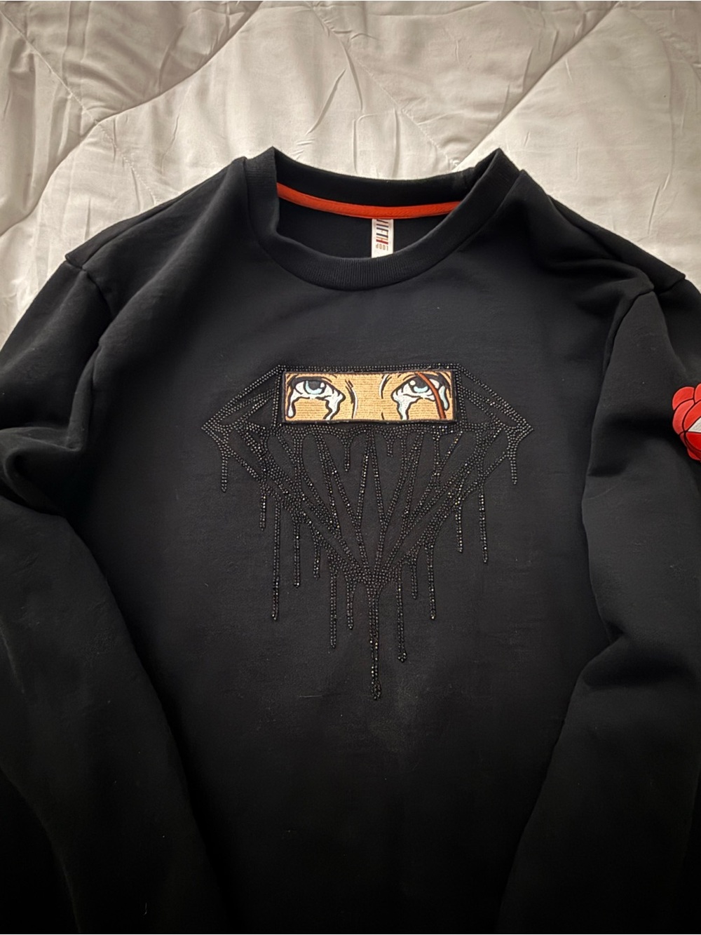 Men's Black Graphic Embellished Crewneck Sweater